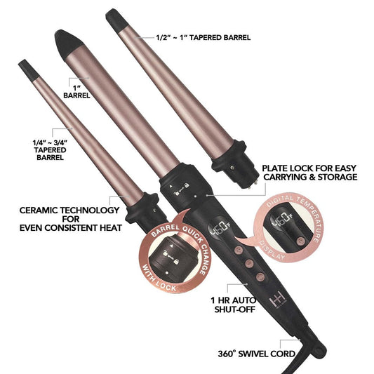 Hot & Hotter 3-In-1 Interchangeable Digital Curling Wand Set Rose Gold & Black #5997