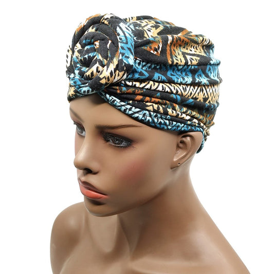 Premium Modern Stitch Pattern Pre-Knotted Turban - Turquoise & Brown #92821
