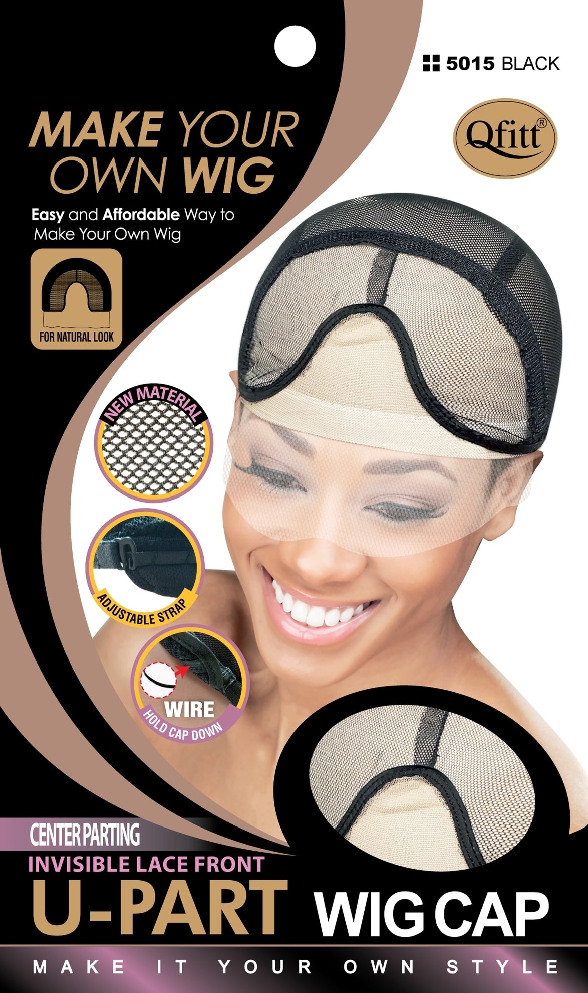 Qfitt Center Parting Invisible Lace Front U-Part Wig Cap # 5015 Black