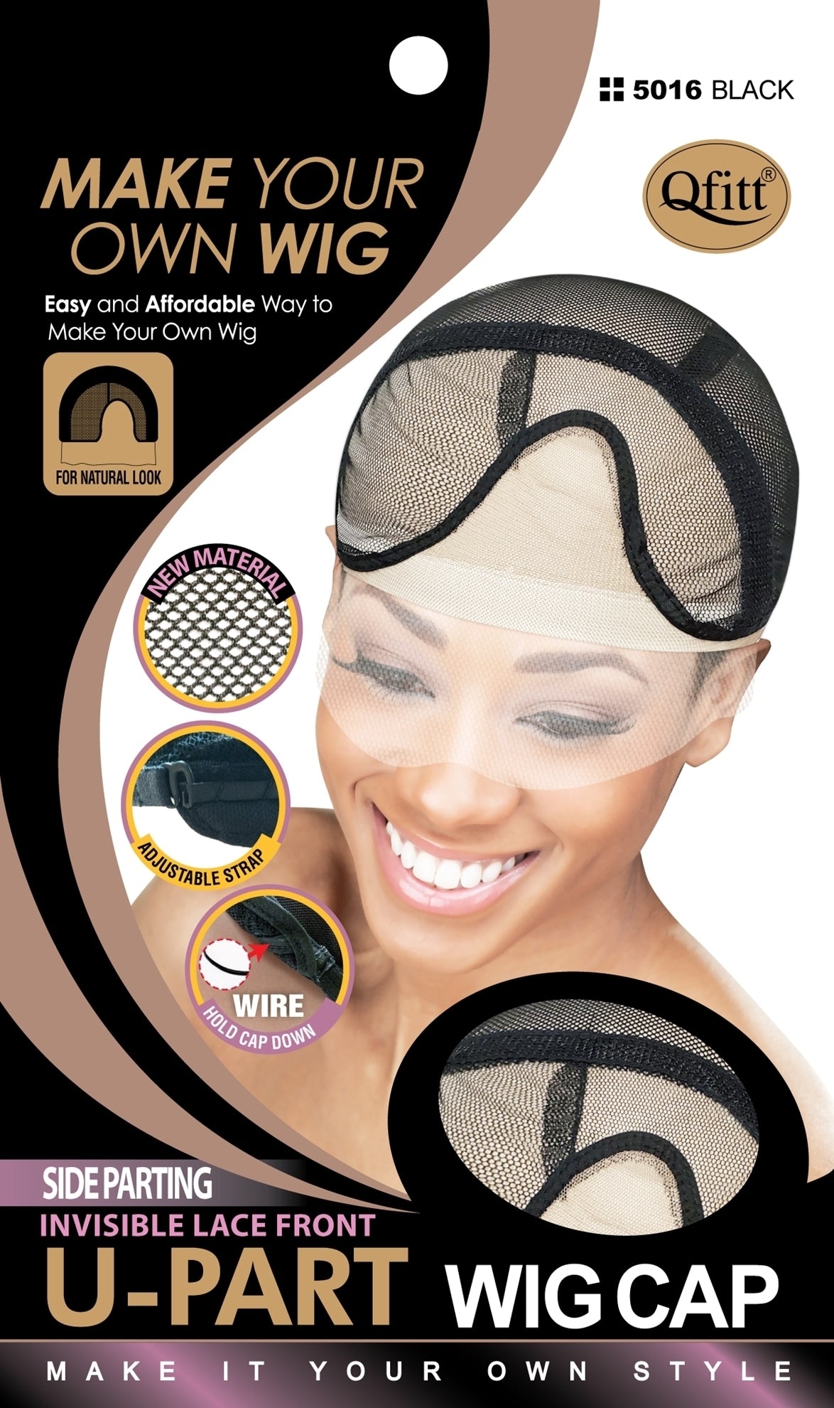 Qfitt Side Parting Invisible Lace Front U-Part Wig Cap # 5016 Black