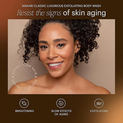 Advertisement for Makari Classic Luxurious Exfoliating Body Wash featuring a woman with a brown background.