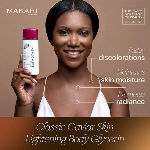 Woman holding a bottle of Makari Caviar Luminous Clarifying Glycerin with product features highlighted on a brown background