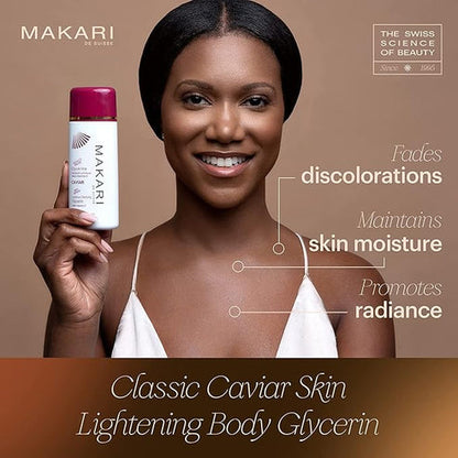 Woman holding a bottle of Makari Caviar Luminous Clarifying Glycerin with product features highlighted on a brown background