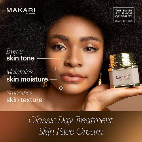 Woman holding a jar of Makari De Suisse Day Treatment Cream with product features highlighted.
