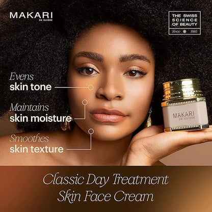 Woman holding a jar of Makari De Suisse Day Treatment Cream with product features highlighted.