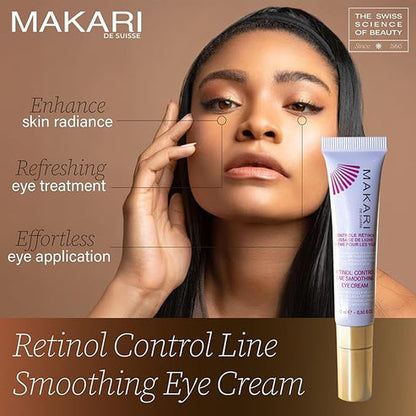 Advertisement for Makari Retinol Control Line Smoothing Eye Cream with a woman applying it, featuring product packaging and text about its benefits.