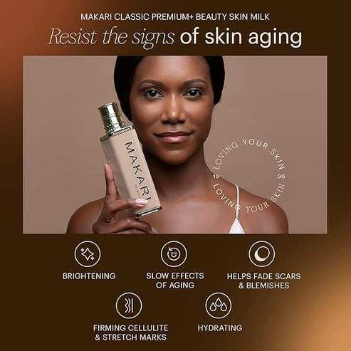 Woman holding a bottle of Makari De Suisse Body Brightening Beauty Milk Premium Plus against a brown background with product features listed.