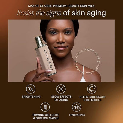 Woman holding a bottle of Makari De Suisse Body Brightening Beauty Milk Premium Plus against a brown background with product features listed.