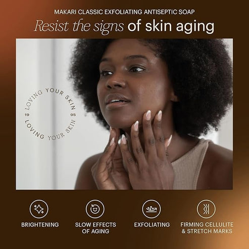 Advertisement for Makari Classic Exfoliating Antiseptic Soap featuring a woman touching her face.