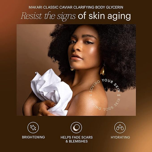 Advertisement for Makari Classic Caviar Clarifying Body Glycerin with a woman holding a white cloth against a brown background.