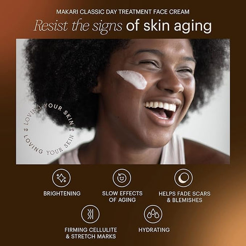 Makari Classic Day Treatment Face Cream featuring a woman with cream on her face.
