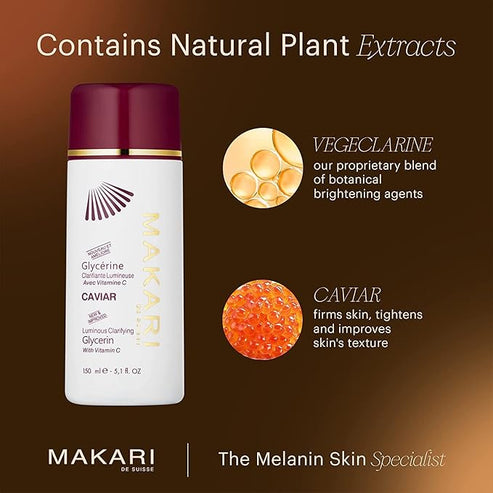 Makari Caviar Luminous Clarifying Glycerin with natural plant extracts on a brown background