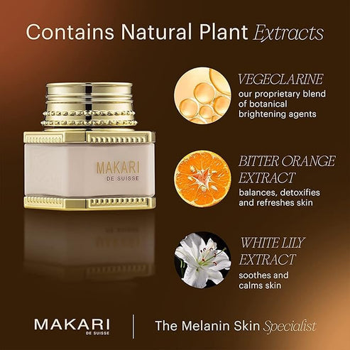 Makari skincare product with natural plant extract information on a brown background