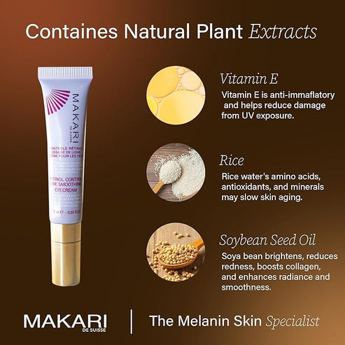 Makari Retinol Control Line Smoothing Eye Cream with natural plant extract information on a brown background