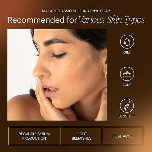 Advertisement for Makari Classic Sulfur Acnyl Soap with a woman's face and product benefits on a brown background.