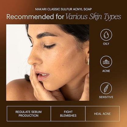 Advertisement for Makari Classic Sulfur Acnyl Soap with a woman's face and product benefits on a brown background.