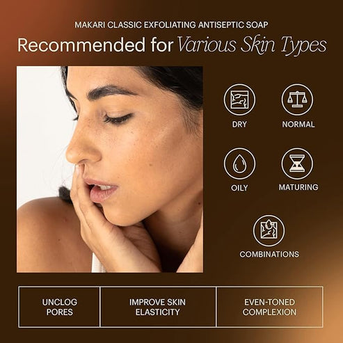 Advertisement for Makari Classic Exfoliating Antiseptic Soap with a woman's face and skin care benefits listed.