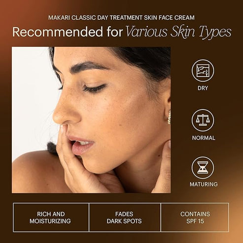 Advertisement for Makari Classic Day Treatment Skin Face Cream with a woman's face on a brown background.