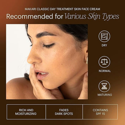 Advertisement for Makari Classic Day Treatment Skin Face Cream with a woman's face on a brown background.