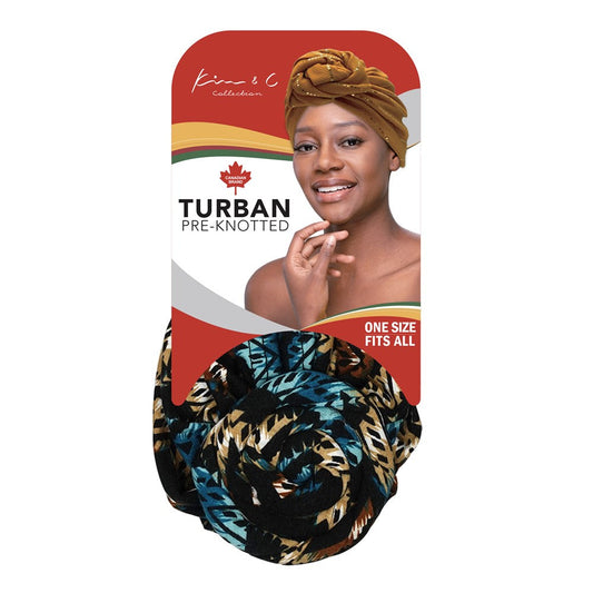 Premium Modern Stitch Pattern Pre-Knotted Turban - Turquoise & Brown #92821