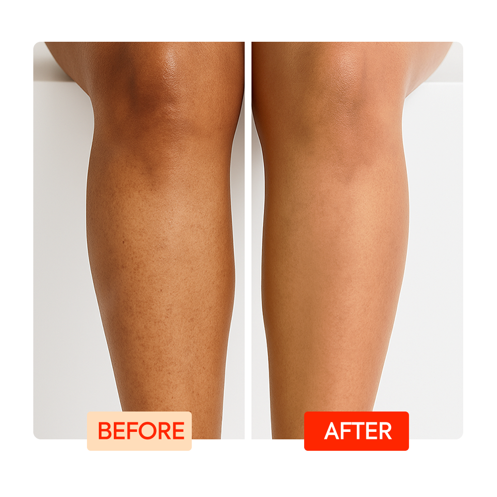 Before and after comparison of a person's leg with 'Before' on the left and 'After' on the right.