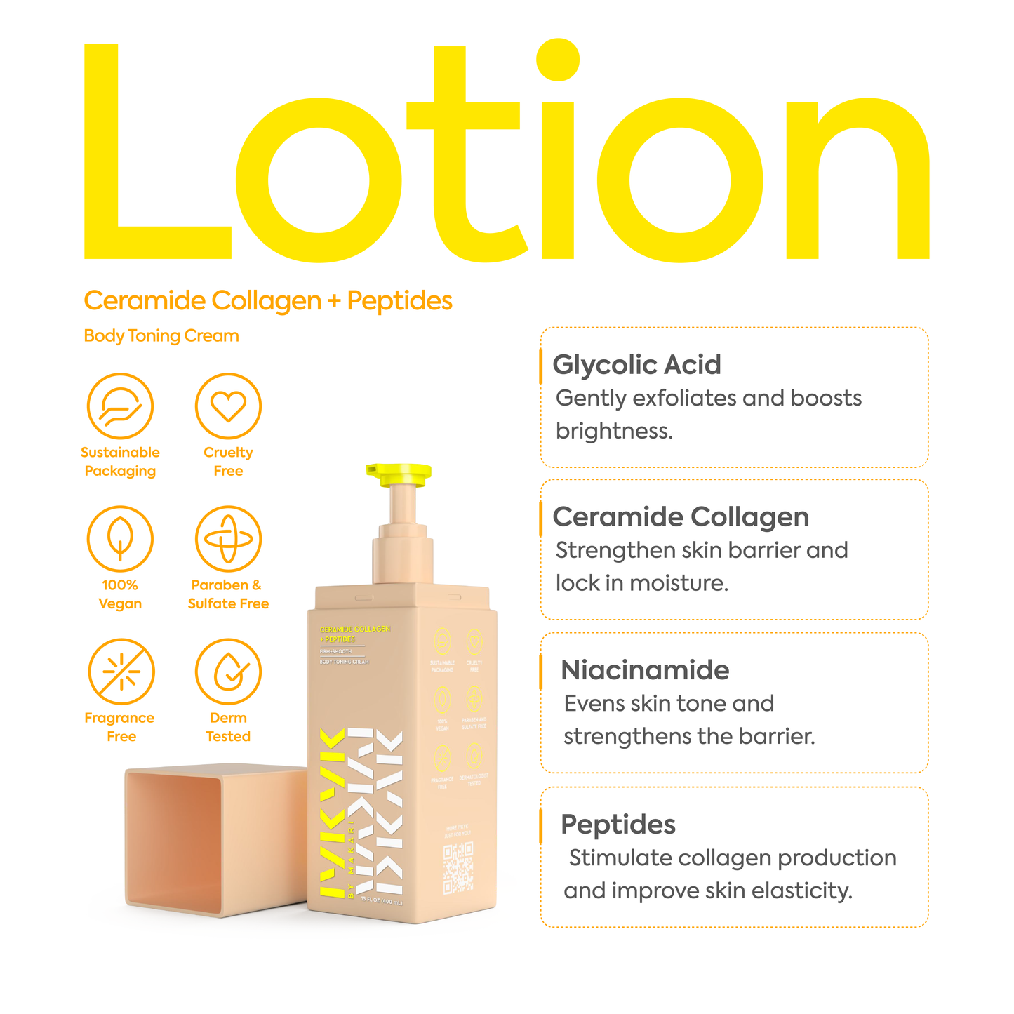 Makari IYKYK Ceramide Collagen + Peptides Body Toning Creamon a white background, featuring text about ingredients and benefits.