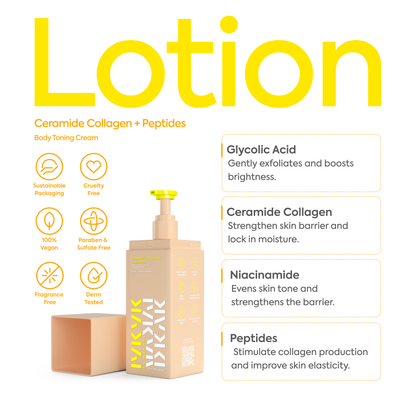 Makari IYKYK Ceramide Collagen + Peptides Body Toning Creamon a white background, featuring text about ingredients and benefits.