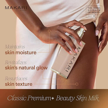 Person applying Makari Classic Premium Beauty Skin Milk to their arm with product packaging.