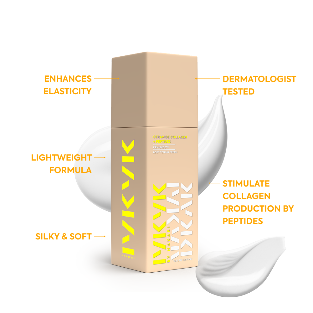 Makari IYKYK Ceramide Collagen + Peptides Body Toning Cream with text highlighting features on a white background
