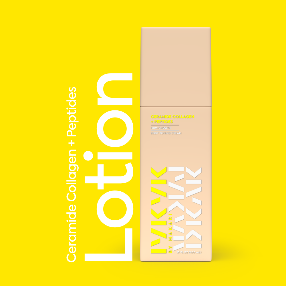 Makari IYKYK Ceramide Collagen + Peptides Body Toning Cream on a yellow background