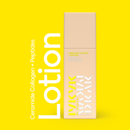 Makari IYKYK Ceramide Collagen + Peptides Body Toning Cream on a yellow background