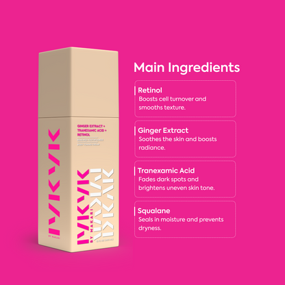 Makari IYKYK Ginger Extract + Tranexamic Acid + Retinol Body Toning Cream with pink background and ingredient list
