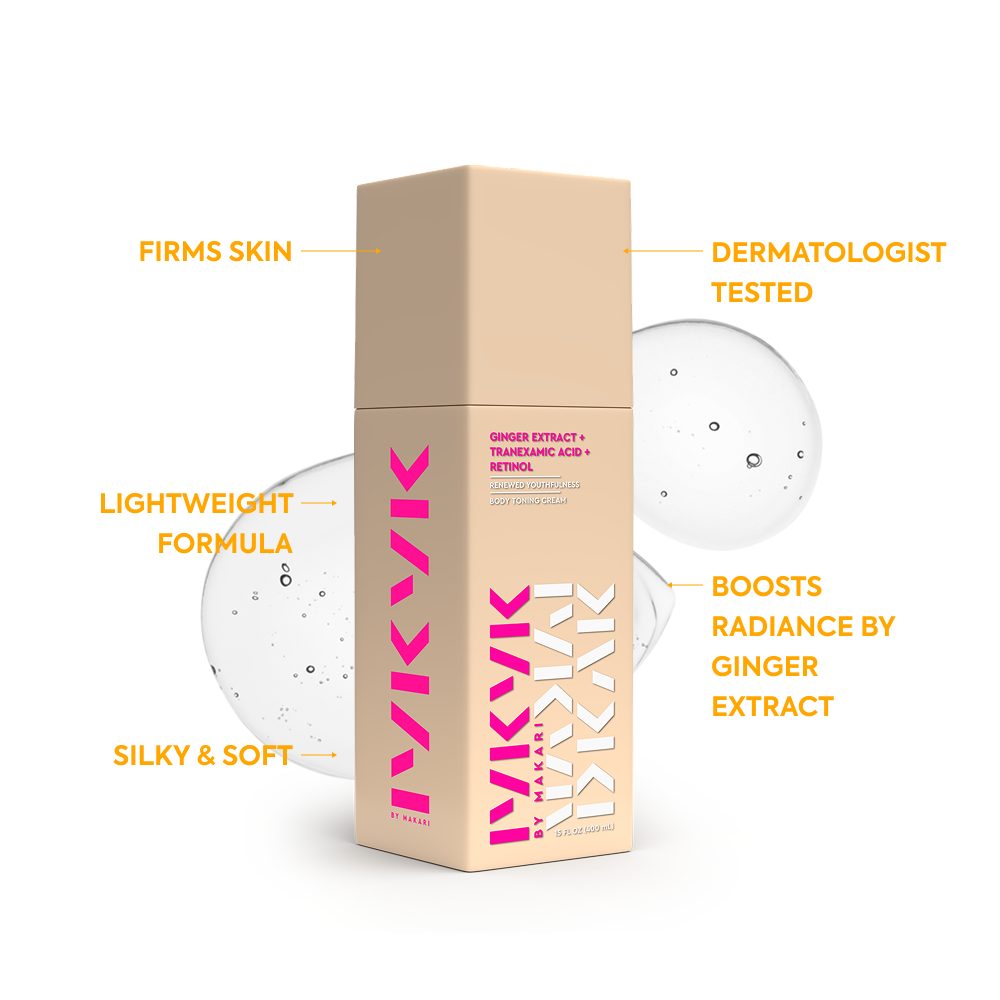 Makari IYKYK Ginger Extract + Tranexamic Acid + Retinol Body Toning Cream with text highlighting features on a white background