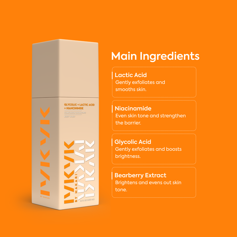 Makari IYKYK Glycolic + Lactic Acid + Niacinamide Body Wash with main ingredients listed on an orange background