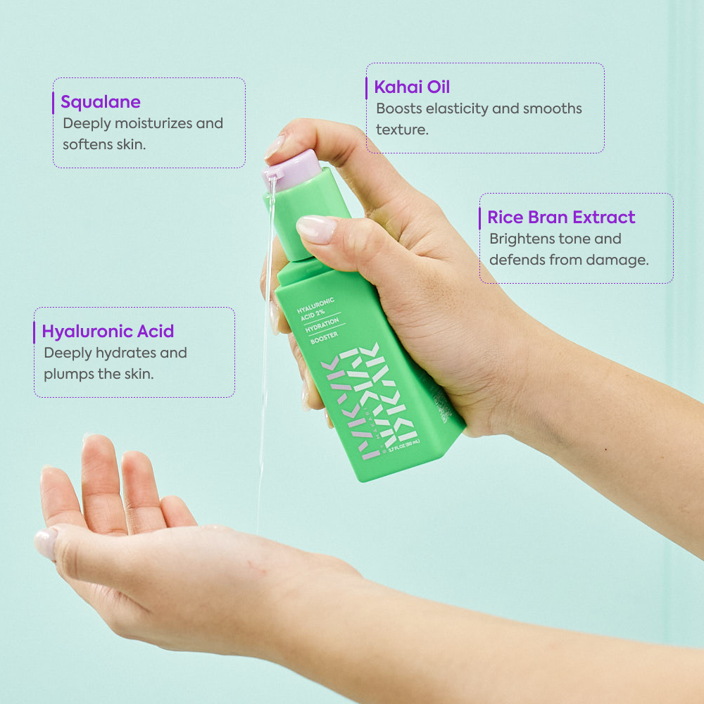 Makari IYKYK Hyaluronic Acid 2% Hydration Booster with text about ingredients on a light blue background