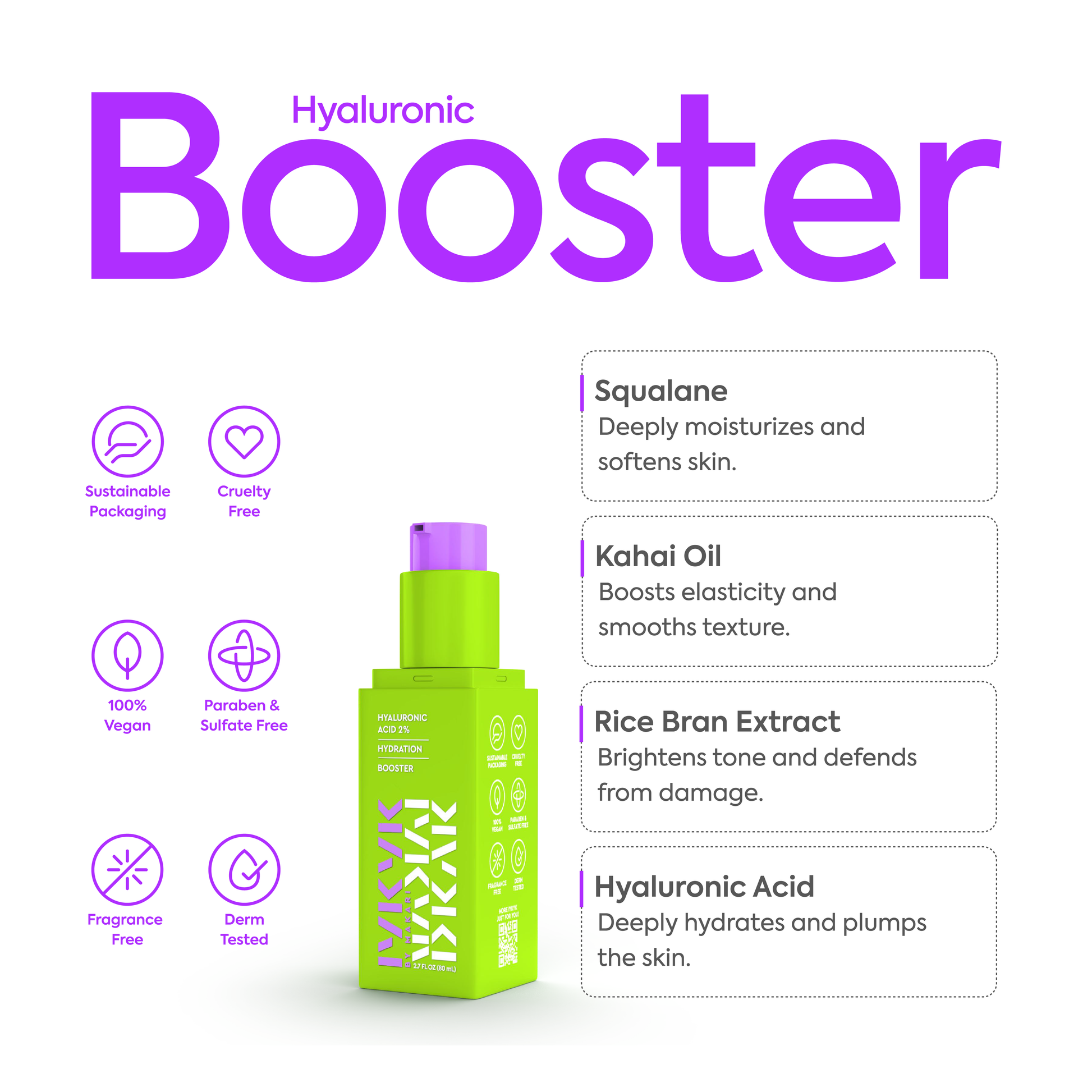 Makari IYKYK Hyaluronic Acid 2% Hydration Booster with green bottle and purple cap on a white background