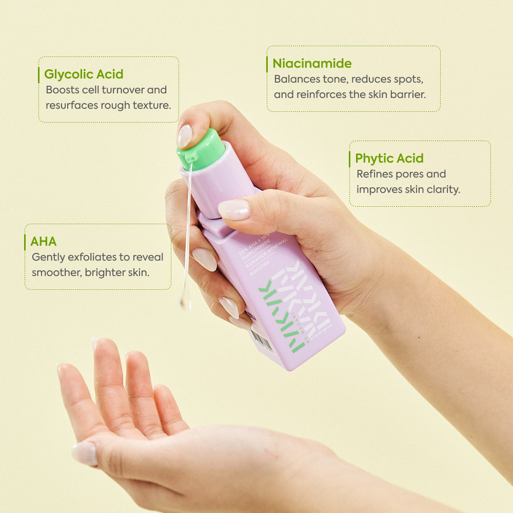 Hand holding a skincare product with text about ingredients on a light yellow background