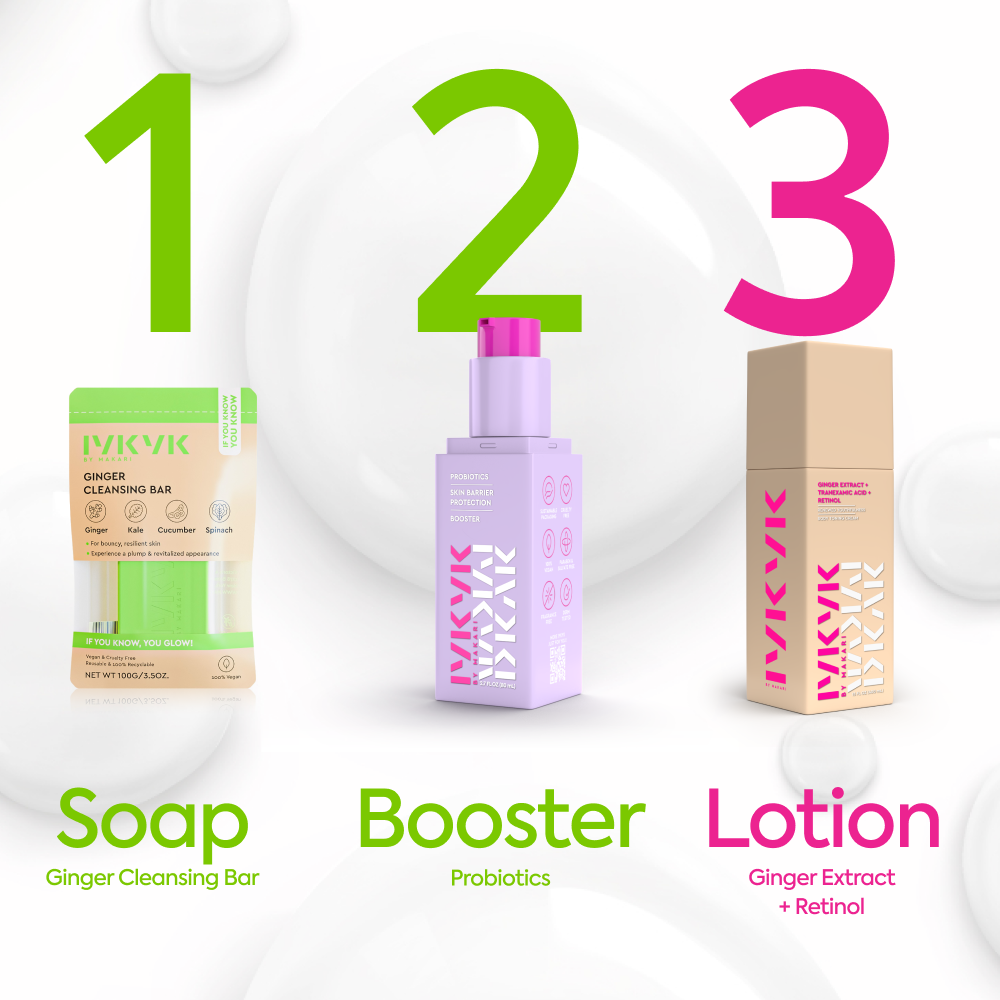 Three skincare products labeled 'Soap', 'Booster', and 'Lotion' with corresponding packaging on a white background.