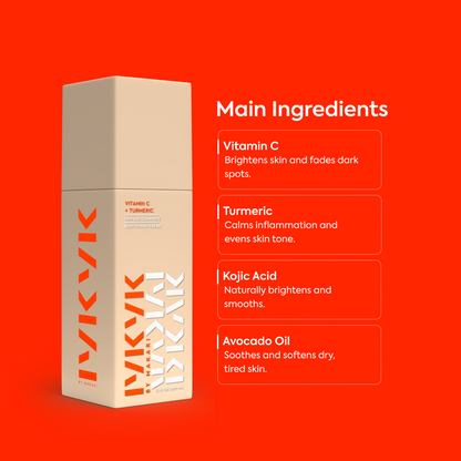 Makari IYKYK Vitamin C + Turmeric Body Toning Cream with main ingredients listed on a red background