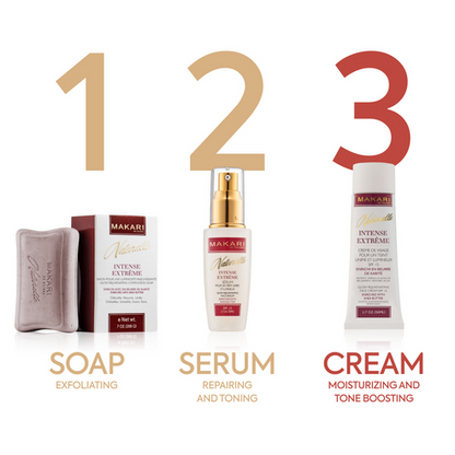 Makari skincare products including soap, serum, and cream with numbered labels on a white background.