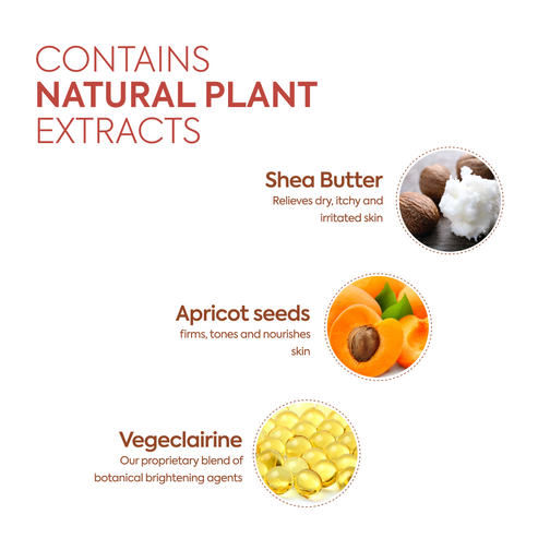 Product label highlighting natural plant extracts with images and descriptions of shea butter, apricot seeds, and vegeclairine.