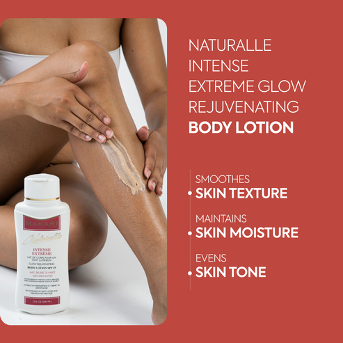 Body lotion being applied to a leg with product and text on a red background