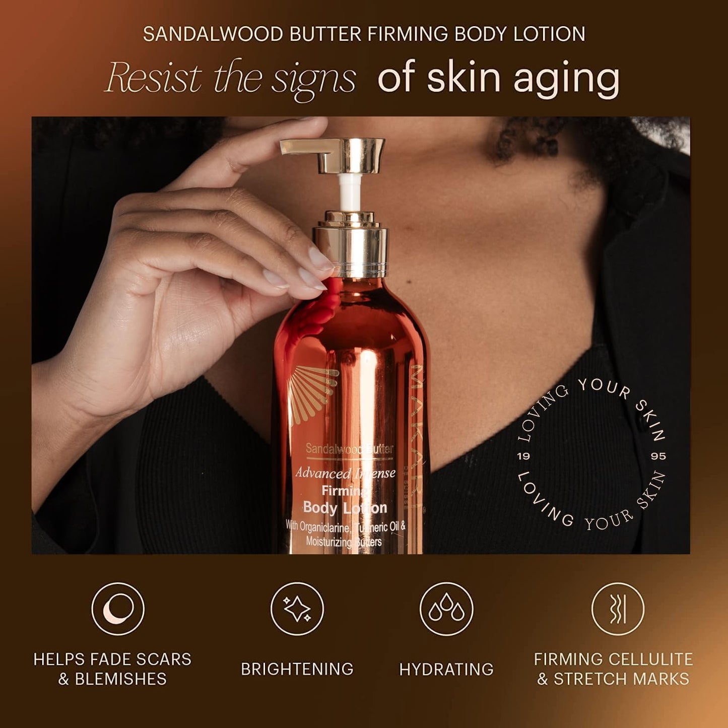 Sandalwood butter firming body lotion with a hand holding it, against a brown background.