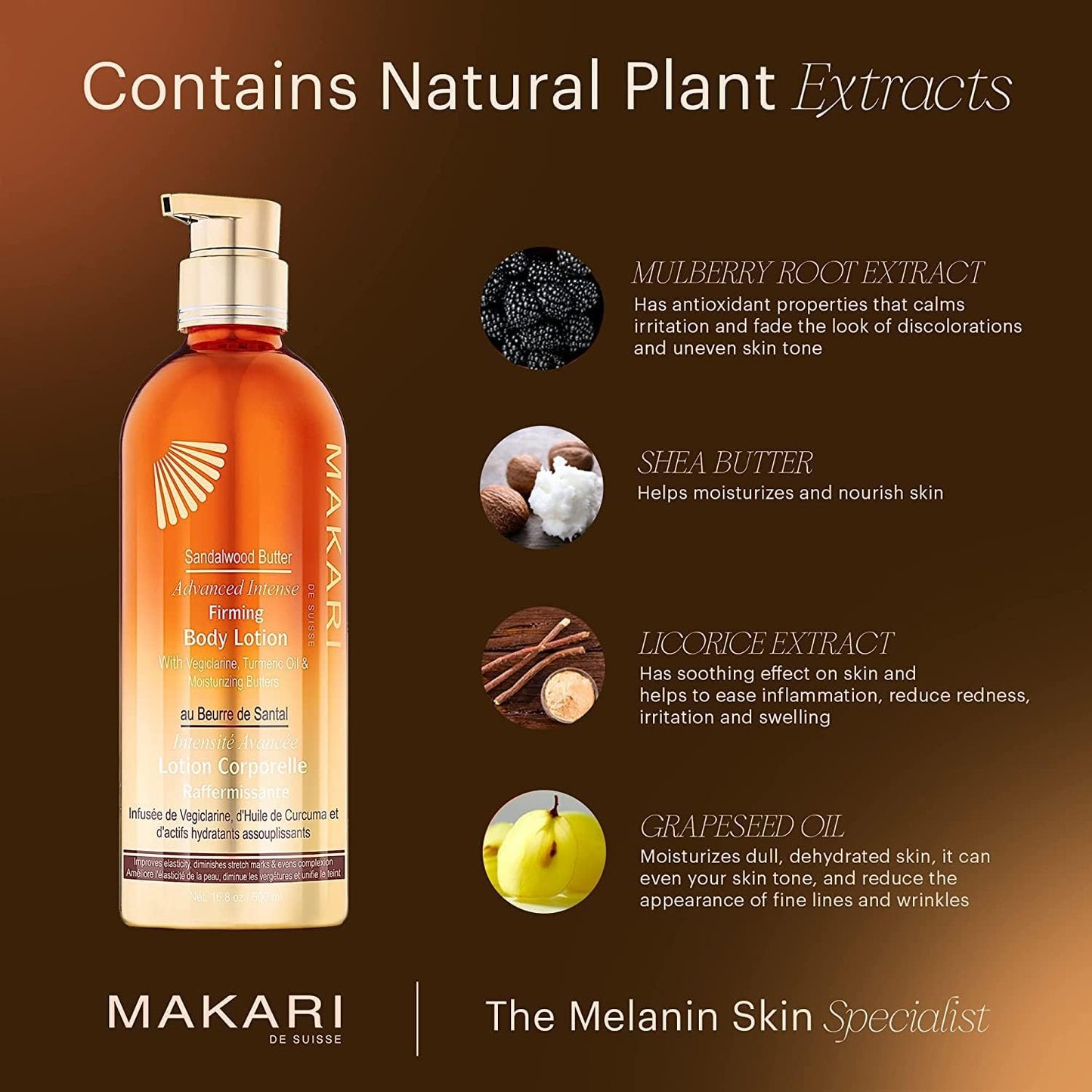 Makari Sandalwood Butter Firming Body Lotion with natural plant extract information on a brown background