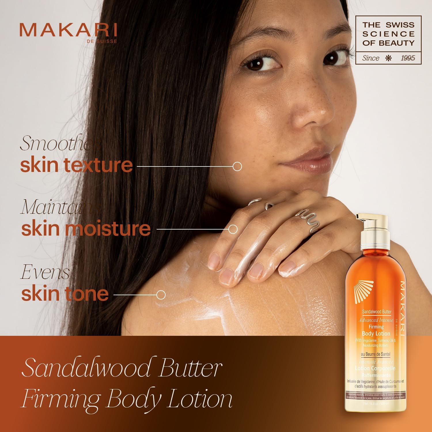 Advertisement for Makari Sandalwood Butter Firming Body Lotion featuring a woman with lotion on her skin.