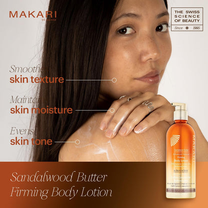 Advertisement for Makari Sandalwood Butter Firming Body Lotion featuring a woman with lotion on her skin.