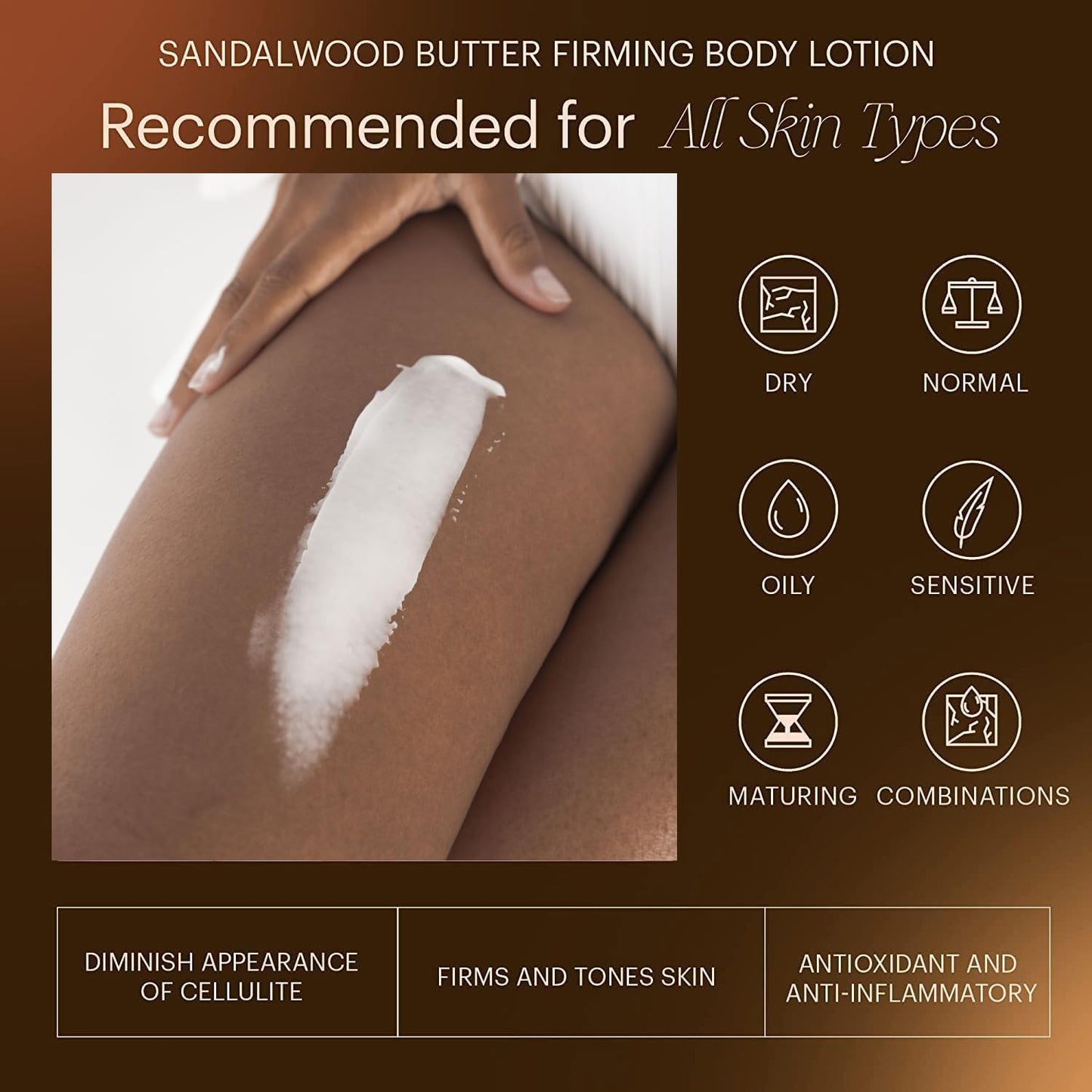 Makari Sandalwood Butter Firming Body Lotion on skin with product benefits listed.