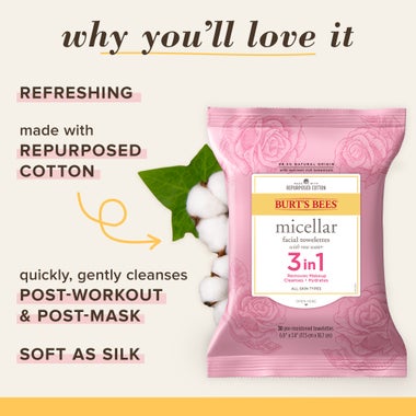 Burt's Bees 3-in-1 Micellar Cleansing Towelettes - Rose Water