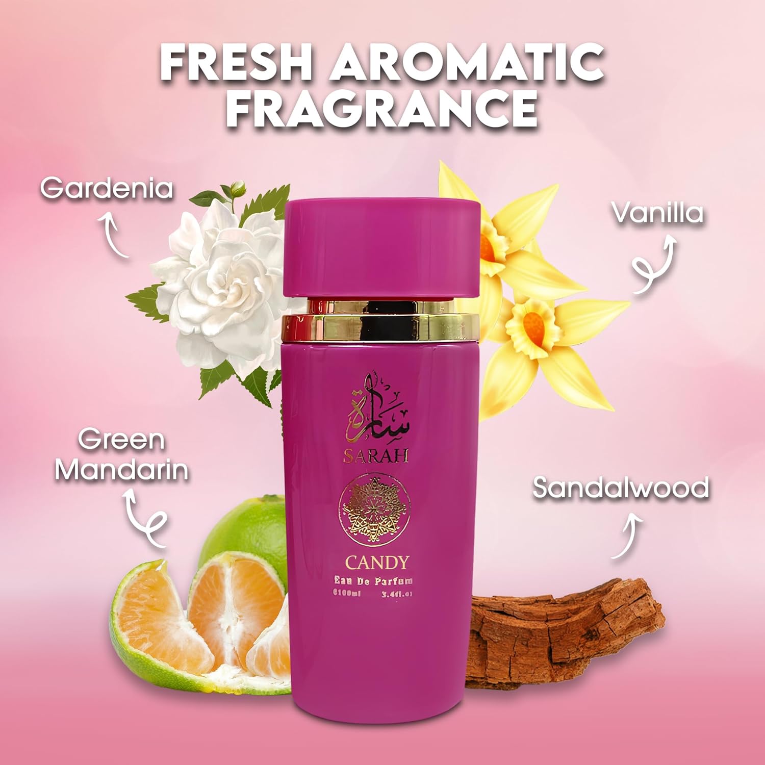 Sarah Candy Eau de Parfum bottle with floral and fruit elements on a pink background, labeled with fragrance notes.