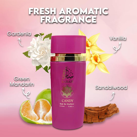Sarah Candy Eau de Parfum bottle with floral and fruit elements on a pink background, labeled with fragrance notes.
